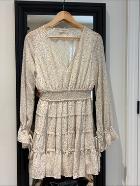 Cream Floral Smocked Waist Tiered Long Sleeve Dress